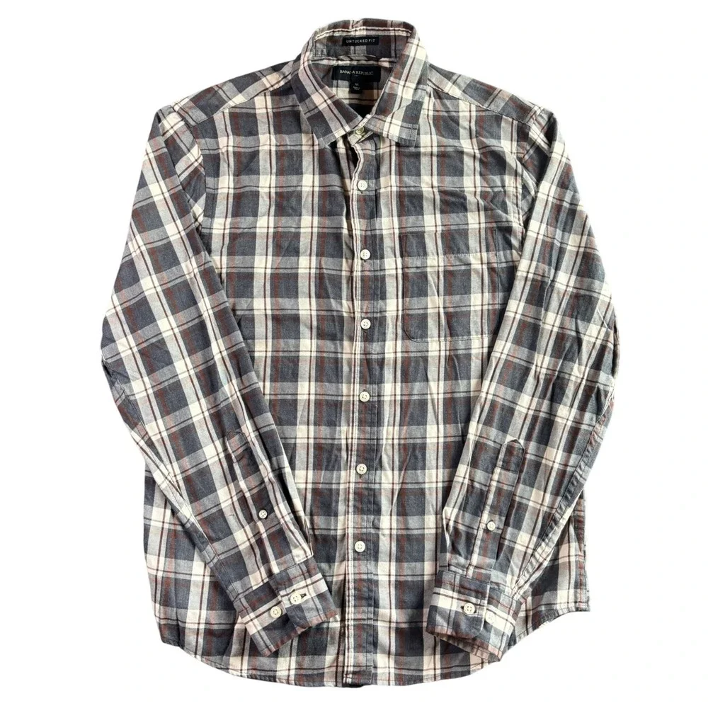 Banana Republic Mens Gray Brown Plaid Untucked Fit Button Down Shirt Medium